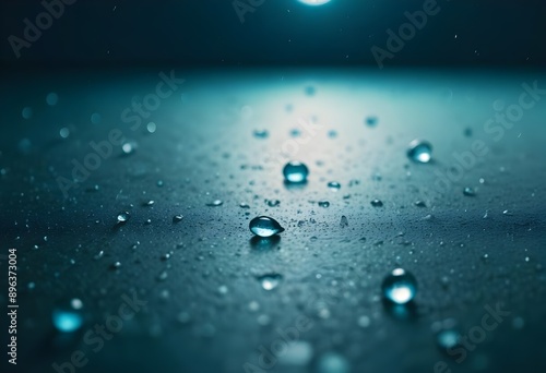 Water round droplets , macro on a dark mettallic shiny slab surface against a blurred background photo