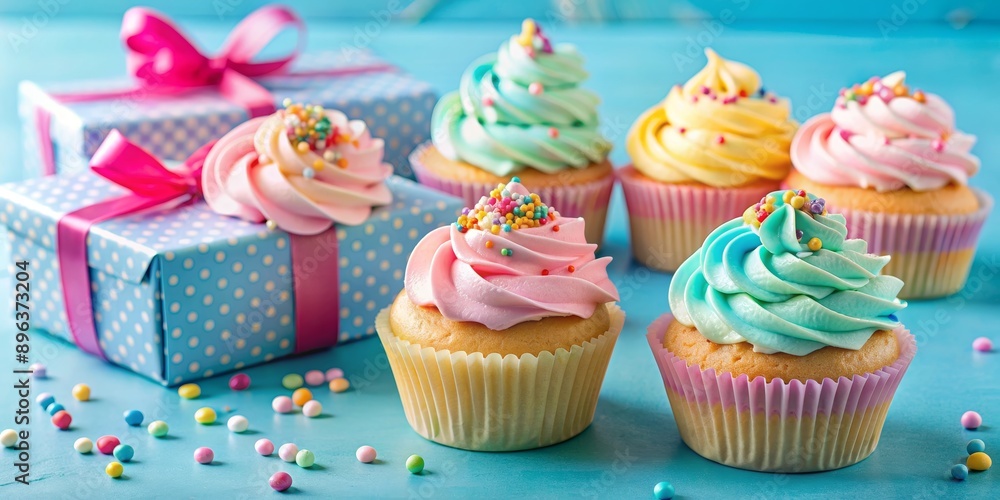 Festive Cupcakes with Gifts on Blue Background, cupcake, birthday, celebration, dessert Festive Cupcakes with Gifts on Blue Background, cupcake, birthday, celebration, dessert