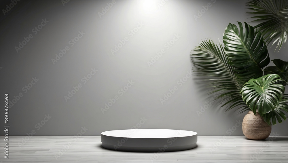 Empty Gray Room Background with Light, Palm Leaves,Backdrop Mockup Display Podium Design for product presentation of Cosmetic Empty Gray Room Background with Light, Palm Leaves,Backdrop Mockup Display Podium Design for product presentation of Cosmetic