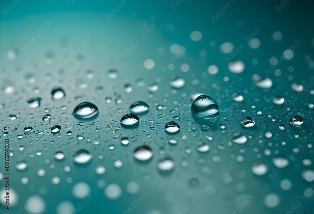 Water round droplets , macro on a light neutral mettallic shiny slab surface against a blurred background Water round droplets , macro on a light neutral mettallic shiny slab surface against a blurred background