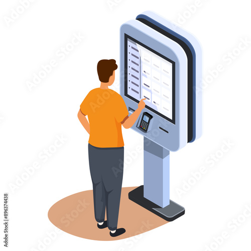isometric man making an order at an electronic self-service kiosk, vector illustration