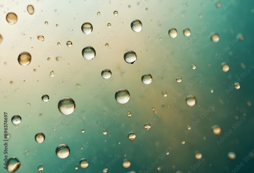 Water round droplets , macro on a light neutral mettallic shiny slab surface against a blurred background Water round droplets , macro on a light neutral mettallic shiny slab surface against a blurred background
