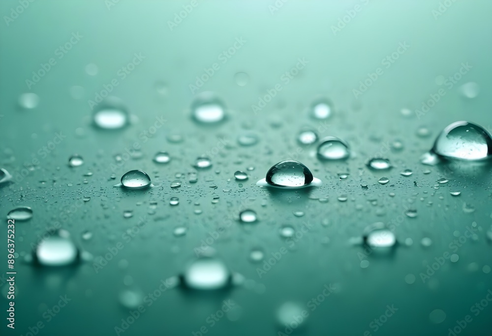 Water round droplets , macro on a dark mettallic shiny slab surface against a blurred background Water round droplets , macro on a dark mettallic shiny slab surface against a blurred background
