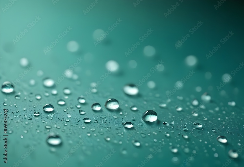 Water round droplets , macro on a dark mettallic shiny slab surface against a blurred background Water round droplets , macro on a dark mettallic shiny slab surface against a blurred background