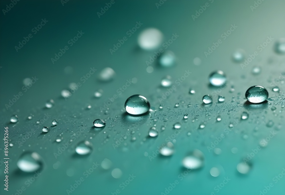 Water round droplets , macro on a dark mettallic shiny slab surface against a blurred background Water round droplets , macro on a dark mettallic shiny slab surface against a blurred background