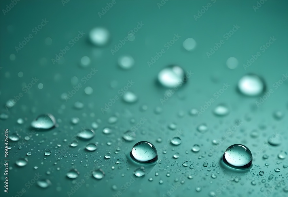 Water round droplets , macro on a dark mettallic shiny slab surface against a blurred background Water round droplets , macro on a dark mettallic shiny slab surface against a blurred background
