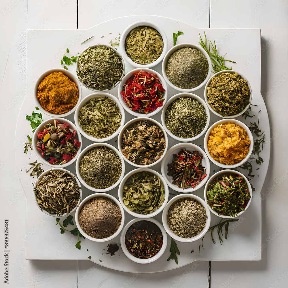 A captivating photo of an assortment of dry herbs and seasonings spread out isolated on white background. The herbs are displayed in smallpiles, showcasing their unique textures and colors. A captivating photo of an assortment of dry herbs and seasonings spread out isolated on white background. The herbs are displayed in smallpiles, showcasing their unique textures and colors.