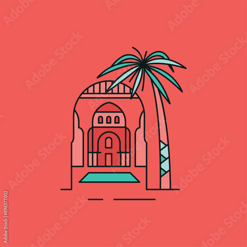 Architecture afrique du nord. Illustration voyage et tourisme. Entrée et patio, palmier et fontaine