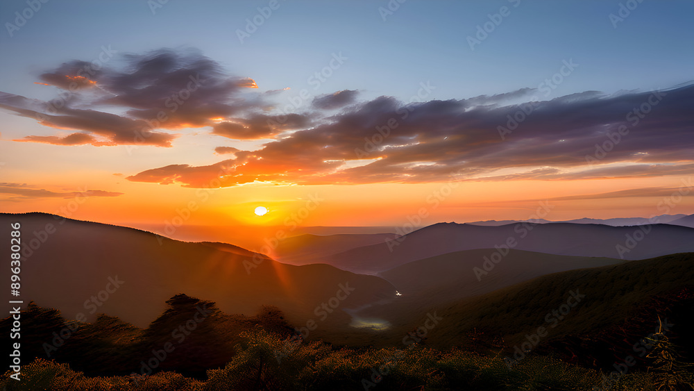 Obraz premium a-serene-sunset-scene-with-the-sun-setting-behind-a-mountain-range-casting-a-warm-glow-over