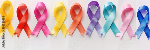 A row of colorful awareness ribbons symbolizing different causes, concept for charity or awareness campaigns, applicable for various health awareness days photo