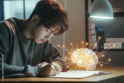 Young Asian man studying with a glowing brain hologram, representing the concept of learning and knowledge, applicable for education or brain research photo