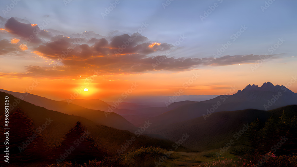 Obraz premium a-serene-sunset-scene-with-the-sun-setting-behind-a-mountain-range-casting-a-warm-glow-over
