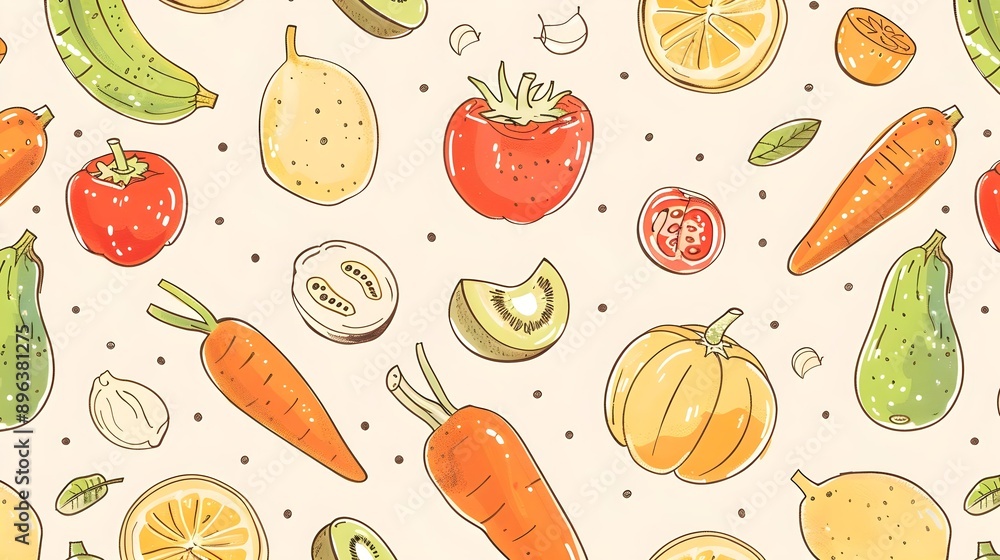 Hand-drawn pattern of vegetables and fruits Hand-drawn pattern of vegetables and fruits