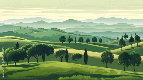 Vector panoramic landscape with green silhouettes
