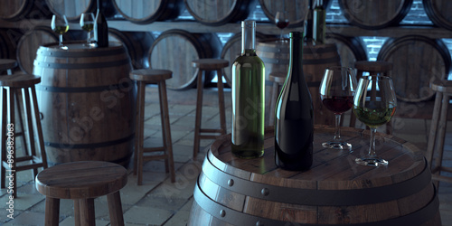 Wine bar inside a classic winery. Glasses and bottles on tables that are oak barrels. 3D Render. photo