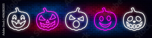 Set neon pumpkin Halloween on dark background. Pumpkin neon sign, bright signboard, light banner.  Vector illustration