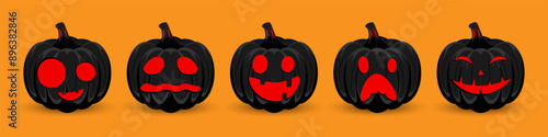 Set black pumpkin on orange background. The main symbol of the Happy Halloween holiday. Black pumpkin with smile for your design for the holiday Halloween. Vector illustration.	