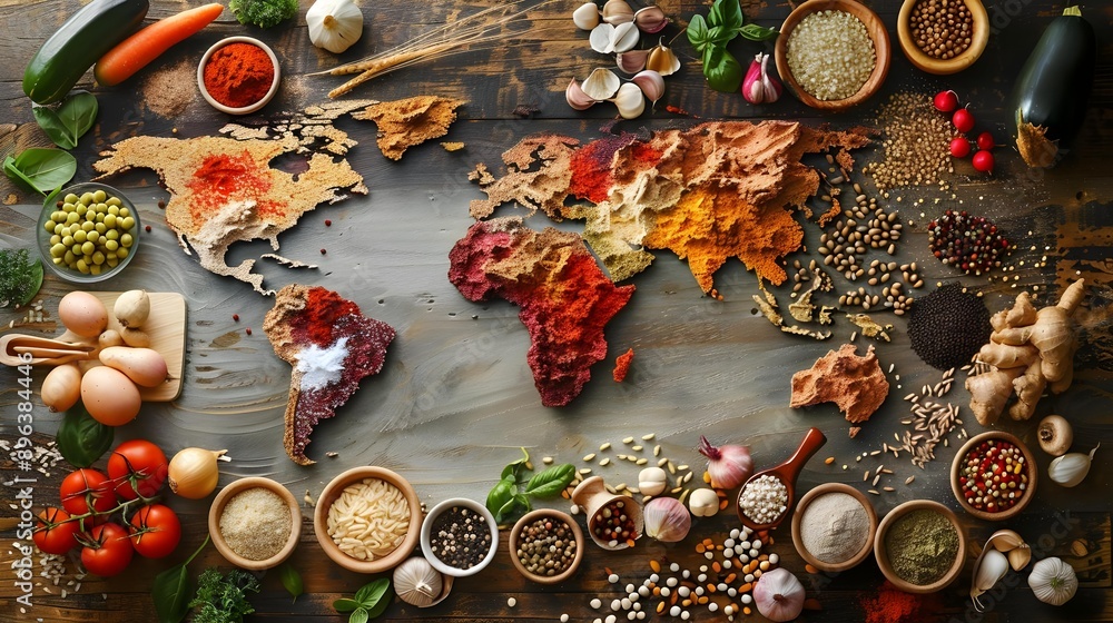 Global cuisine diversity map made of food ingredients Global cuisine diversity map made of food ingredients