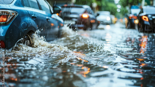 Water damages on city streets after heavy rain. Cars are flooded. Water can get into the engine and other car parts. File a disaster claim for motor vehicle insurance.