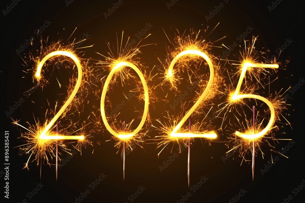 Golden fireworks and number 2025 on black background with lights and sparkles. Christmas and New Year concept. Celebrating winter holiday. Template for banner, greeting card, poster with copy space Golden fireworks and number 2025 on black background with lights and sparkles. Christmas and New Year concept. Celebrating winter holiday. Template for banner, greeting card, poster with copy space