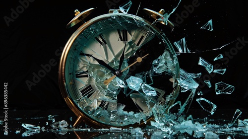 A shattered alarm clock with its glass face broken and hands scattered, symbolizing a disruption of routine or the end of a deadline, set against a dramatic black background.