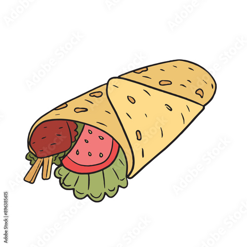 A colorful vector illustration of a delicious shawarma wrap with fresh ingredients including meat, tomato, lettuce, and crispy vegetables, all wrapped in a soft tortilla. Turkish durum