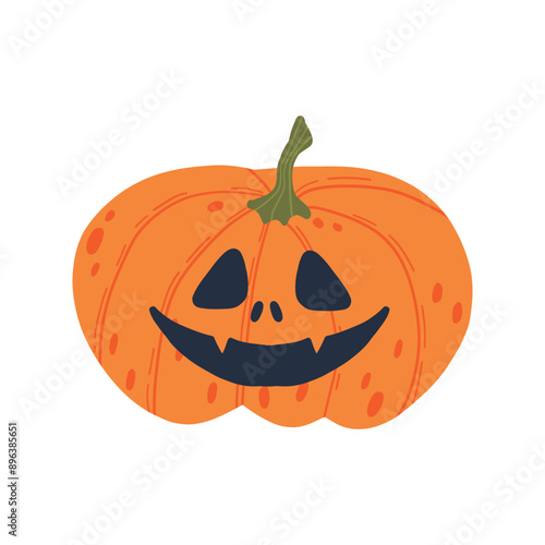 A bright orange pumpkin with a spooky, carved jack o lantern face, featuring a wide, toothy smile and triangular eyes, perfect for Halloween decorations and festive designs.