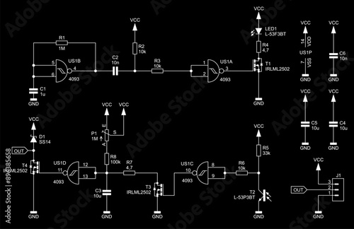 Schematic diagram of electronic device on sheet of paper. Vector drawing electrical circuit with logic gate of
integrated circuit, resistor, capacitor, diode, transistor,
other components.