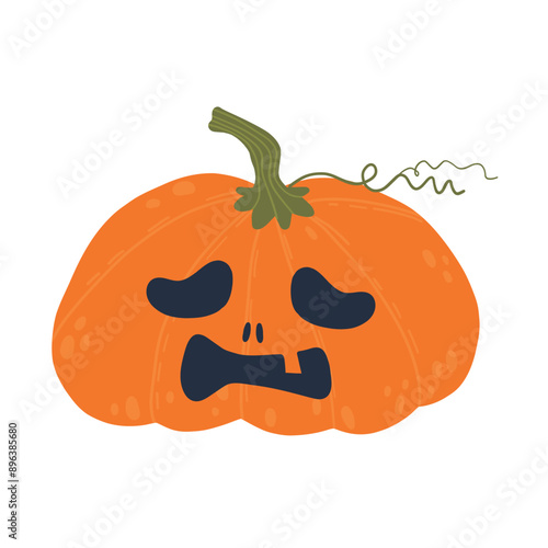 A cute, orange Halloween pumpkin with a sad, carved face featuring droopy eyes and a frown. The green stem and curly vine add a touch of character to this festive design.