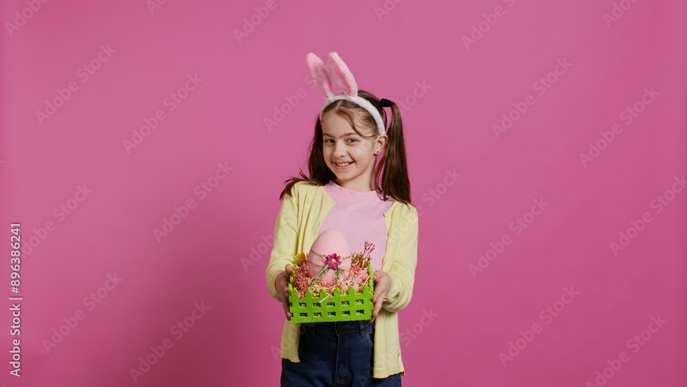 Smiling pleased girl presenting her handcrafted easter basket filled with painted eggs and other festive decorations for holiday celebration. Joyful small kid proud of her arrangement. Camera B. Smiling pleased girl presenting her handcrafted easter basket filled with painted eggs and other festive decorations for holiday celebration. Joyful small kid proud of her arrangement. Camera B.