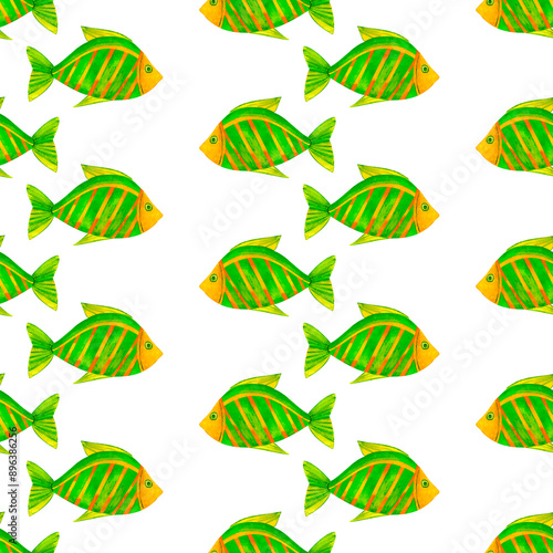 Yellow and green sea fish. Marine underwater seamless pattern, watercolor art in ocean kids style, for decorating children room, package, scrapbook, school, nursery, invitation, print, postcard