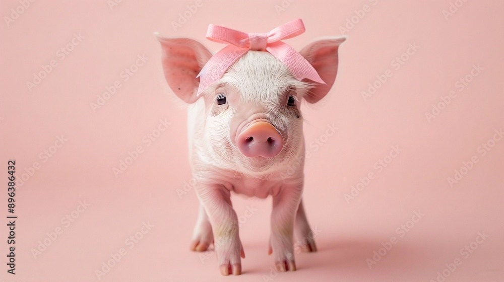 A miniature piglet wearing a tiny pink bow, standing with its snout raised curiously against a soft peach background. A miniature piglet wearing a tiny pink bow, standing with its snout raised curiously against a soft peach background.