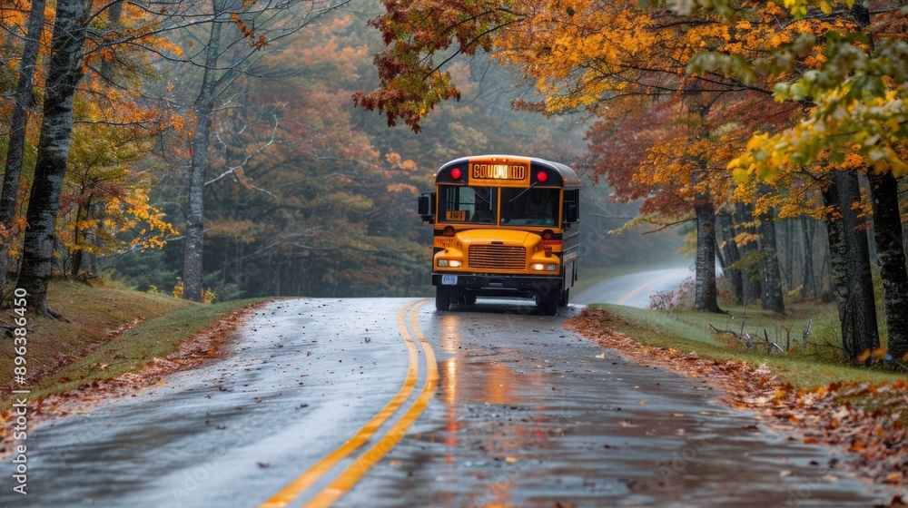 school bus on a road in the middle of the forest in autumn school bus on a road in the middle of the forest in autumn