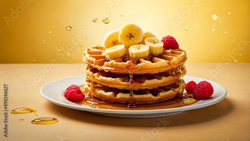 Golden waffles with banana slices, raspberries, and syrup on a white plate make a delightful breakfast option, perfect for a satisfying morning meal