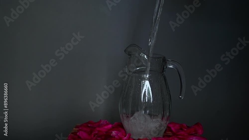 Water is poured into an empty glass decanter among the petals and a woman’s hand places a lush burgundy peony flower, the flower is directed to the left - on a gray background