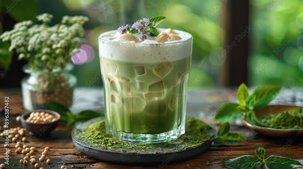 Refreshing Iced Matcha Latte with Whipped Cream and Flowers