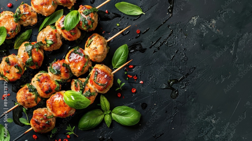 Chicken meatball skewers with basil on dark background Chicken meatball skewers with basil on dark background