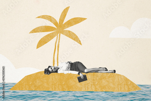 Canvas Print Composite photo collage of tired businesswoman lay island sand beach vacation oc