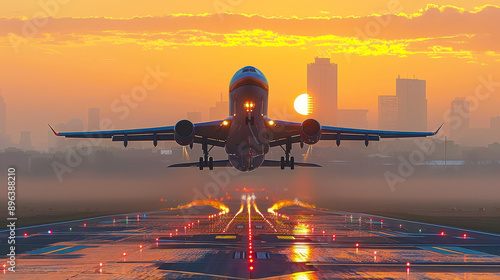 Airplane Taking Off at Sunrise with Cityscape Backdrop Concept of Travel and Transportation at Dawn photo