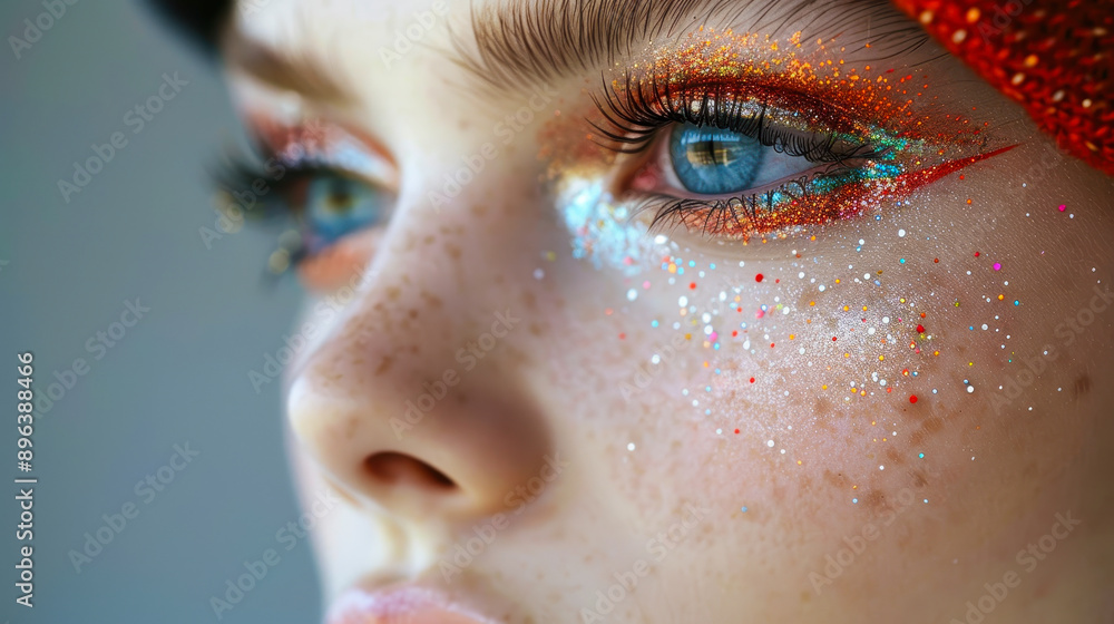 Fototapeta premium Close-Up of Woman's Eye with Glittery Holiday Makeup Featuring Bright Eyeshadow and Sparkling Face Glitter for Festive Celebrations and Beauty Inspiration during the Holiday Season