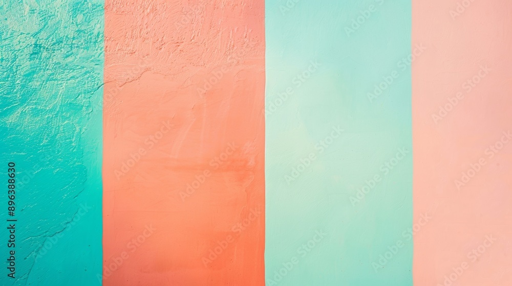 Fototapeta premium Four stripes of pastel-colored concrete create a vibrant background with a modern, minimalist feel. The alternating rough and smooth textures add visual interest