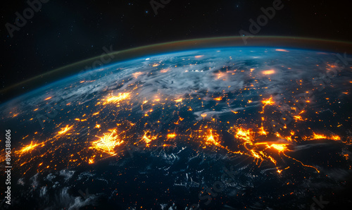 Earth at Night from Space with Glowing City Networks and Yellow Connectivity Lines, Black Background, Global Communication and Technological Connectivity, Sci-Fi Vibes © Bartek