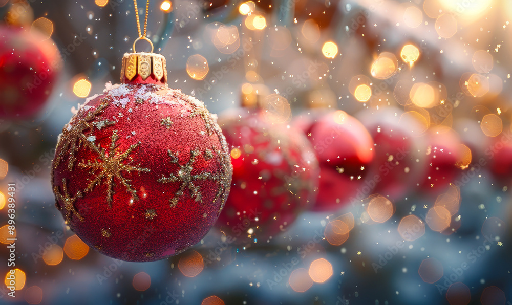 Vibrant Red Christmas Balls Hanging Amidst Glittering Bokeh Lights Snowflakes Holiday Season Evening Festive Atmosphere Winter Wonderland Concept Vibrant Red Christmas Balls Hanging Amidst Glittering Bokeh Lights Snowflakes Holiday Season Evening Festive Atmosphere Winter Wonderland Concept