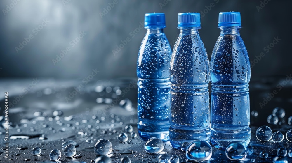 Contaminated mineral water with PFAS and TFA, health risk concept, illustration on blue background Contaminated mineral water with PFAS and TFA, health risk concept, illustration on blue background