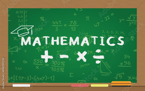 Mathematics Logo on School Blackboard - Logo on Rectangle School Blackboard Written with White Chalk with Mathematical Accounts and Symbols in the Background.