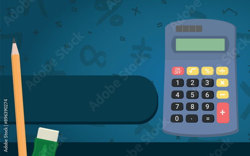 Math Design Layout - Mathematics Layout with Calcutator, Pencil and Eraser on Blue Background with Mathematical Symbols. Rectangle Shape.