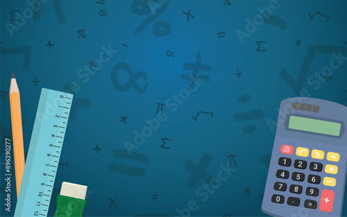 Math Design Layout - Mathematics Layout with Calcutator, Ruler, Pencil and Eraser on Blue Background with Mathematical Symbols. Rectangle Shape.