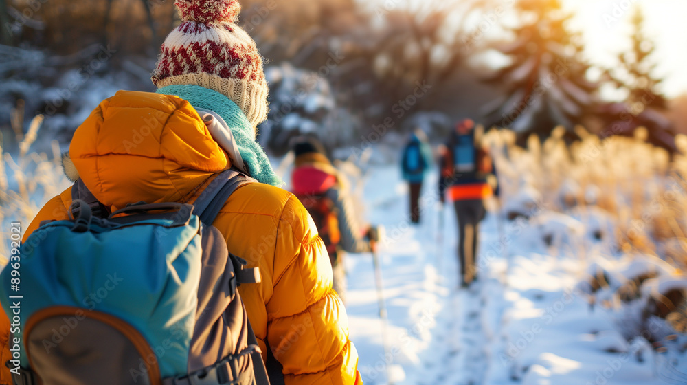 group of people hiking in snow group of people hiking in snow