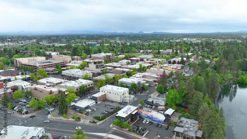 Aerial Tracking Shot of Downtown Bend Oregon Urban and Natural Harmony Aerial Tracking Shot of Downtown Bend Oregon Urban and Natural Harmony