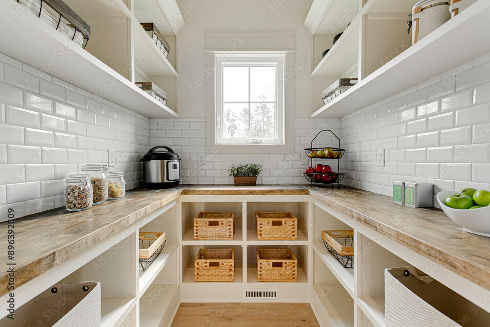Organized Pantry With Wooden Shelves And Storage Baskets For Easy Access